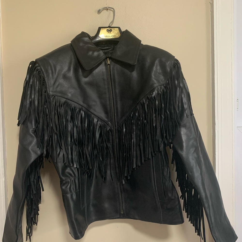 Dobberhead Black Leather Fringe Jacket Biker Western Zip Sleeve Women’s S